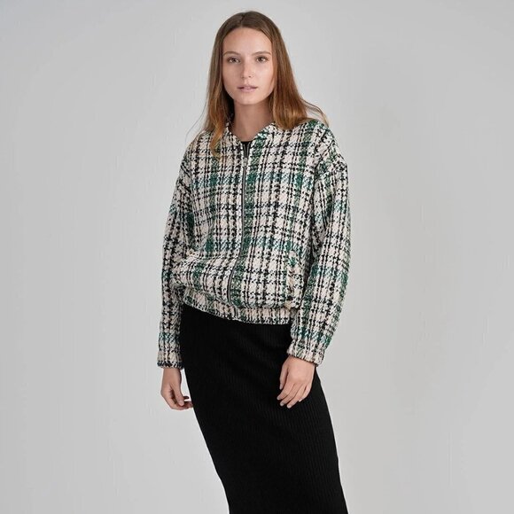 New Zara Plaid Textured Tweed Oversized Bomber Green Chanel Style Jacket NWT XS - Picture 3 of 17